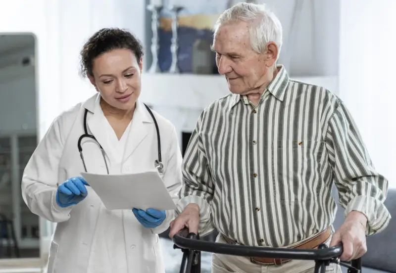 Medico spiega a paziente anziano con deambulatore il significato di un problema cognitivo, mostrando un documento.